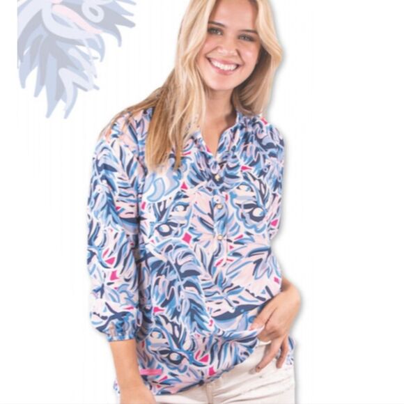 Simply Southern -671 Peasant Blouse Palm Leaves Long Sleeve Pink Blue Size Small - Picture 1 of 7